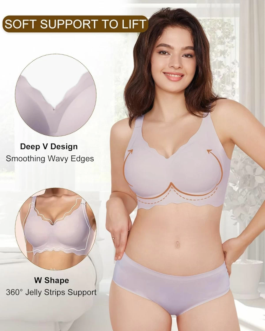 HORISUN Women's Wireless Seamless Comfort Bra - Full Coverage V Neck Bralette with Smoothing Support & No Underwire