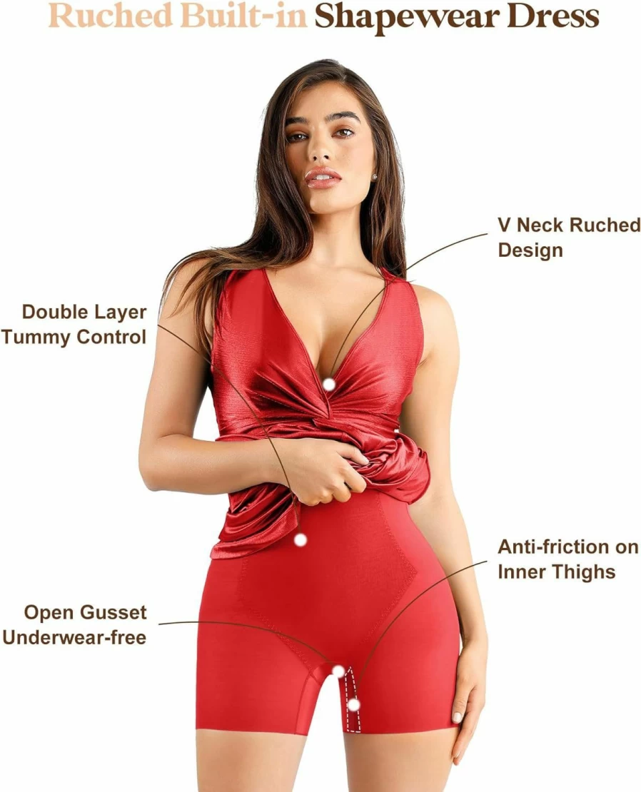 Popilush Shapewear Bodycon Dress - Deep V Neck Sleeveless Long Maxi Dress with Built-In Shaper for Formal Occasions