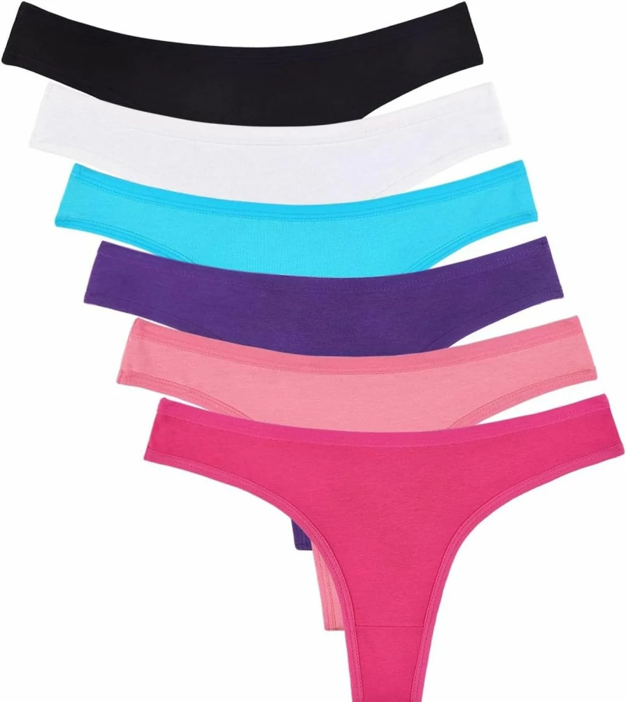 Sunm Boutique Women's 6 Pack Cotton Bikini Thongs - Soft Breathable Underwear Multipack