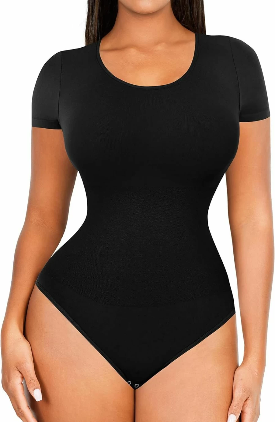 FeelinGirl Women's Tummy Control Shapewear Bodysuit - Seamless Scoop Neck Thong Jumpsuit Tops Short Sleeve Sculpting Outfit