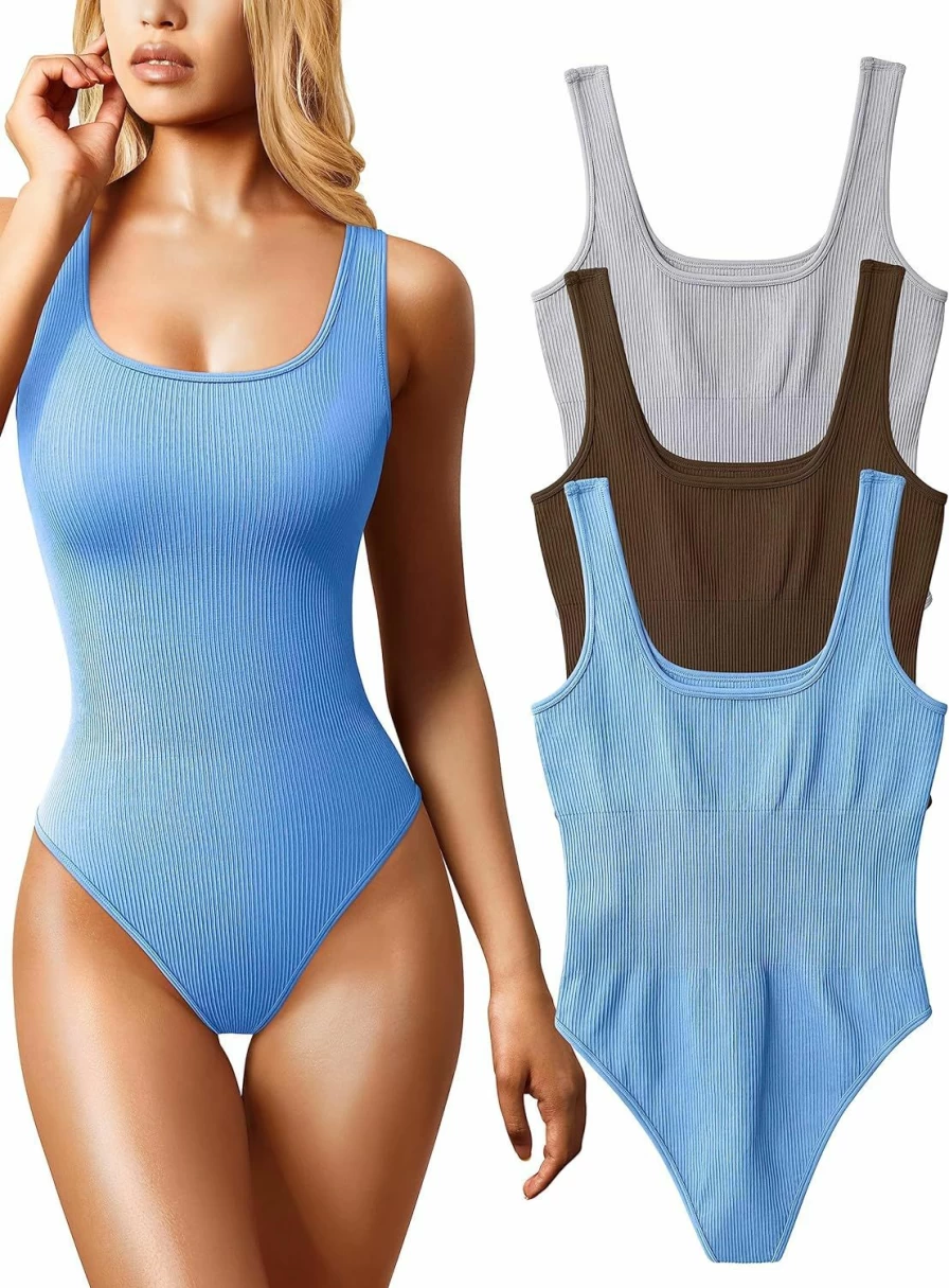 OQQ Women's Sexy Ribbed Bodysuit 3-Piece Set - Sleeveless Square Neck Tank Top Bodysuits