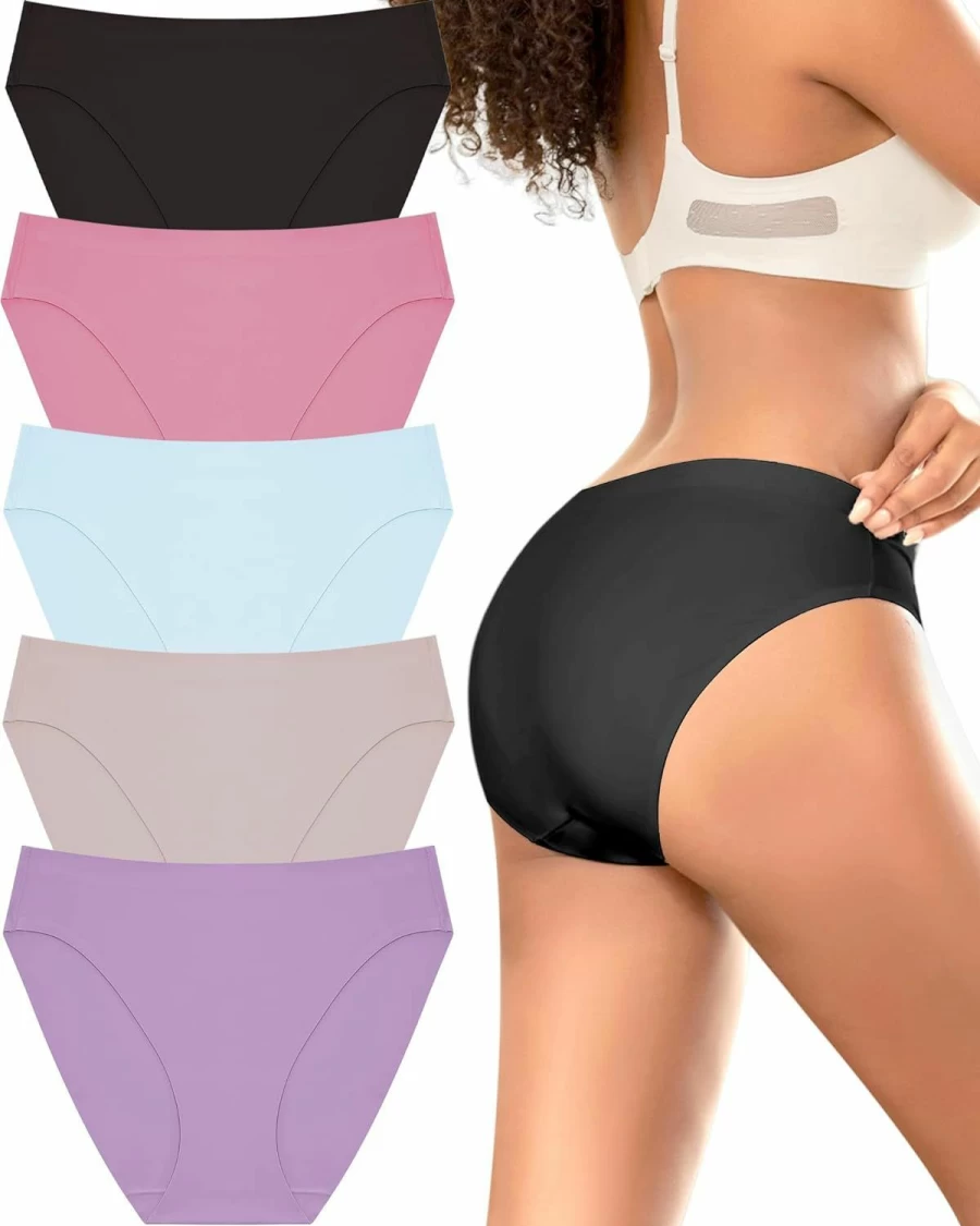 FINETOO Women's Seamless Underwear 5-Pack - High Cut Bikini Briefs, Full Coverage, No Show, Cheeky Panties in Sizes M-XXXL