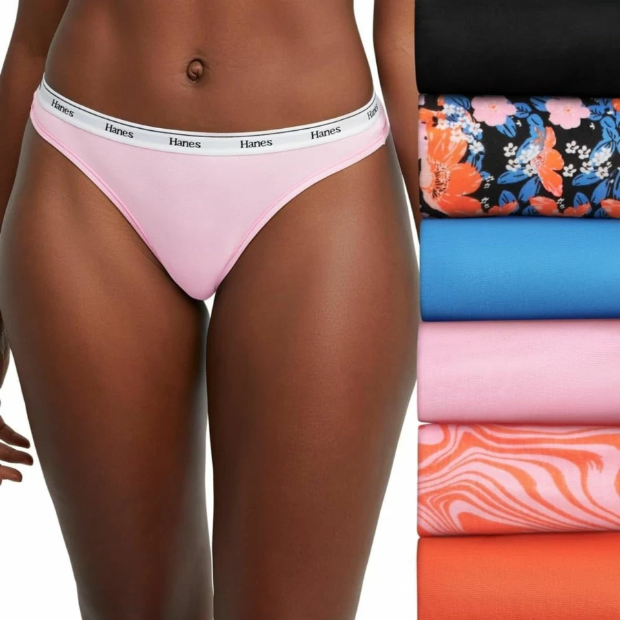 Hanes Women's Cotton Thong Underwear 6-Pack - Breathable Stretch Comfort Assorted Colors