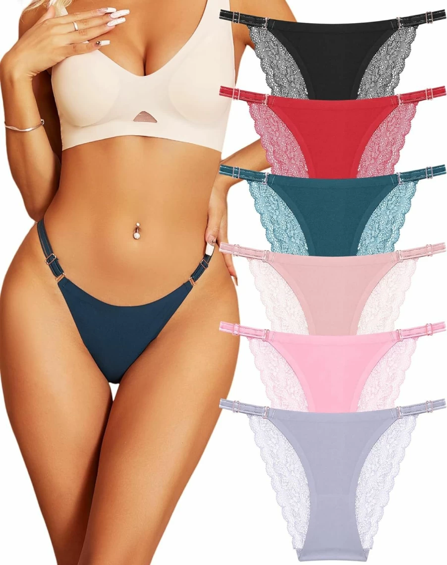 ALL OF ME Women's Seamless Lace Bikini Panties 6-Pack - Adjustable No Show Cheeky Underwear High Cut Sexy Thong