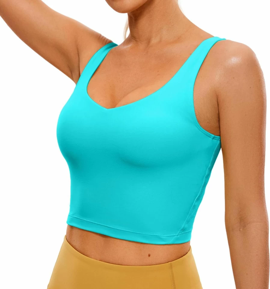 CRZ YOGA Women's Butterluxe V-Neck Longline Sports Bra - Padded Workout Crop Top with Built-In Support for Yoga and Fitness