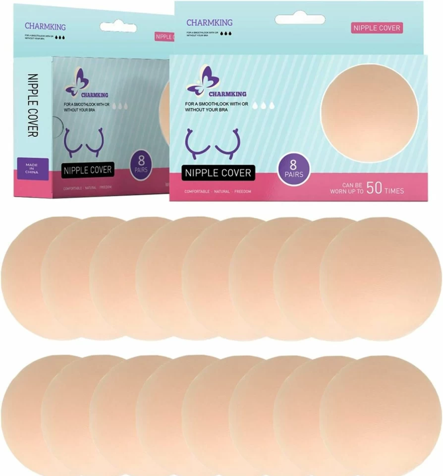 CHARMKING 8 Pairs Reusable Silicone Nipple Covers for Women, Invisible Adhesive Pasties, Beige, Round Shape, Concealing Bra Accessories