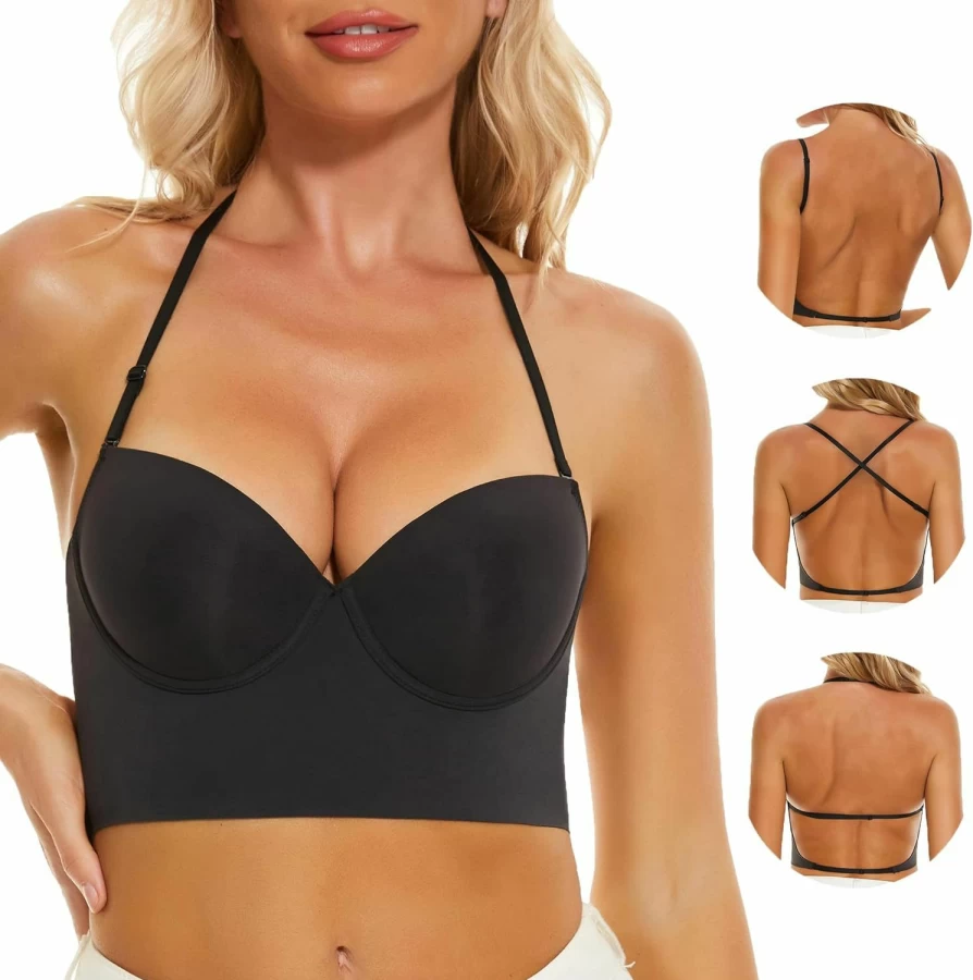 Uoolerp Women's Low Back Bra - Invisible Backless, Seamless No Show Plunge Bra, Multiway U-Shaped Halter Bra for Low-Cut Outfits