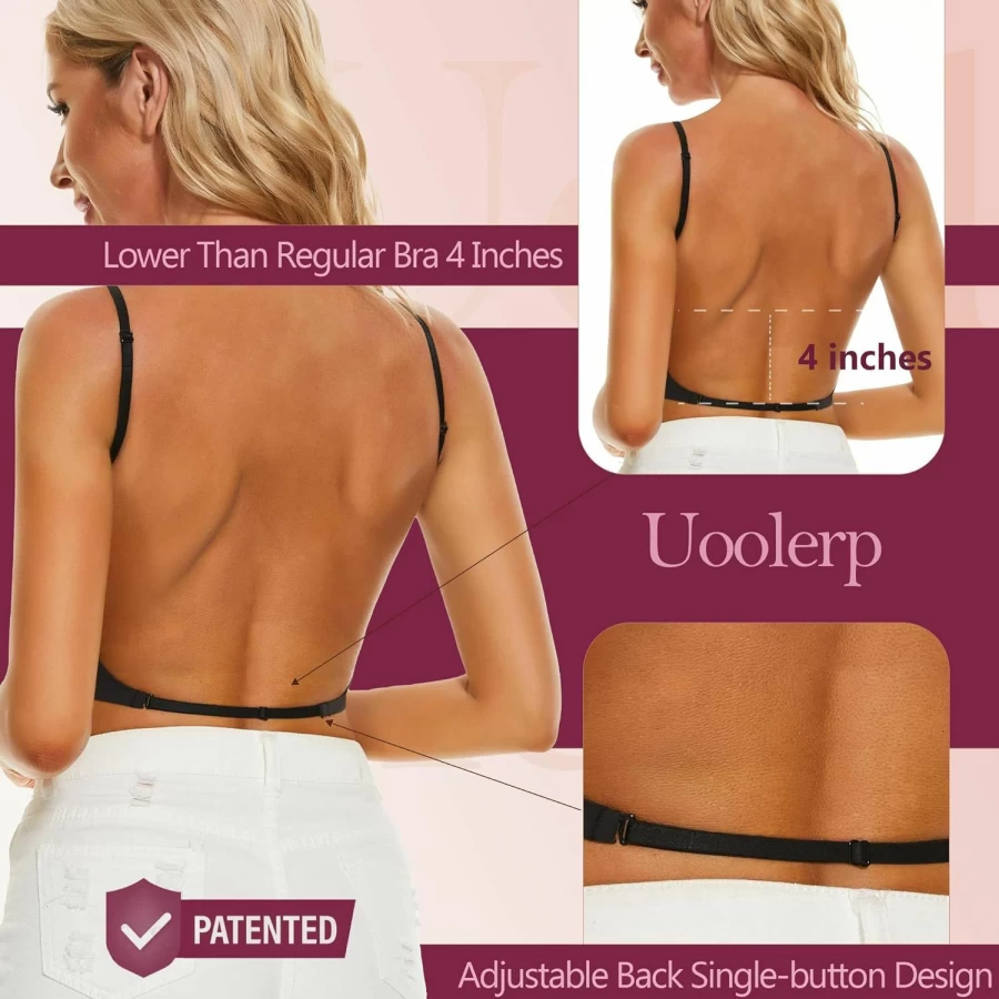 Uoolerp Women's Low Back Bra - Invisible Backless, Seamless No Show Plunge Bra, Multiway U-Shaped Halter Bra for Low-Cut Outfits