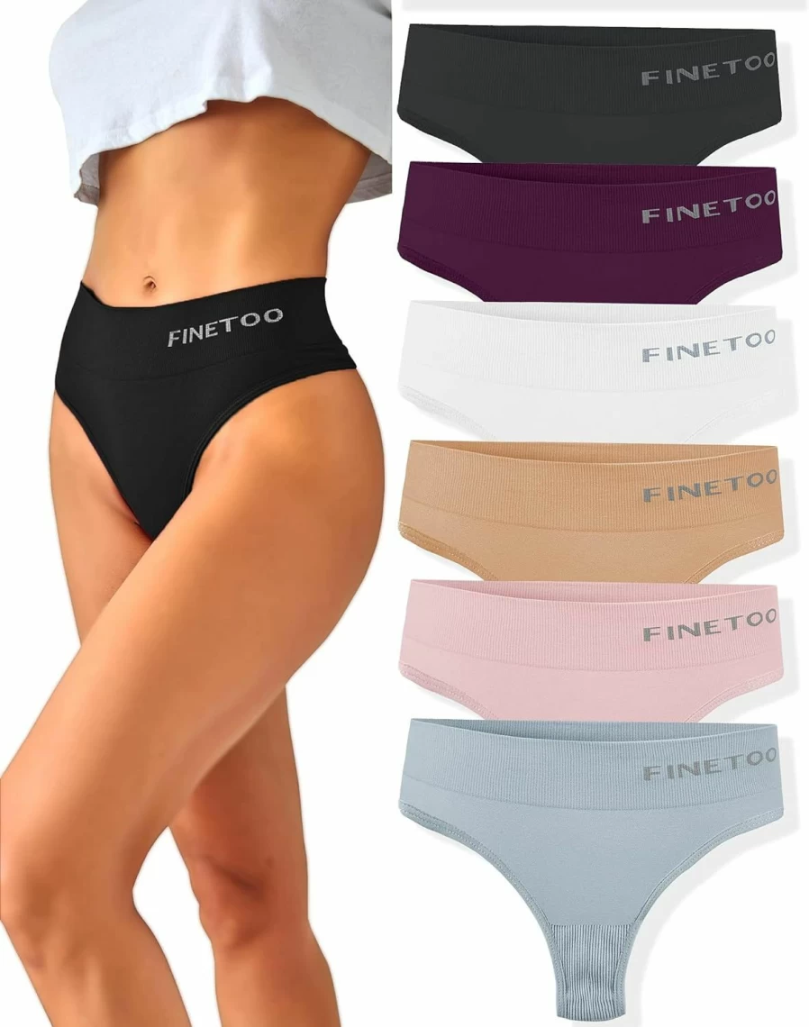 FINETOO Women's High Waisted Thongs 6 Pack - Soft Breathable Nylon Spandex Underwear High Rise Stretchy Panties S-XL