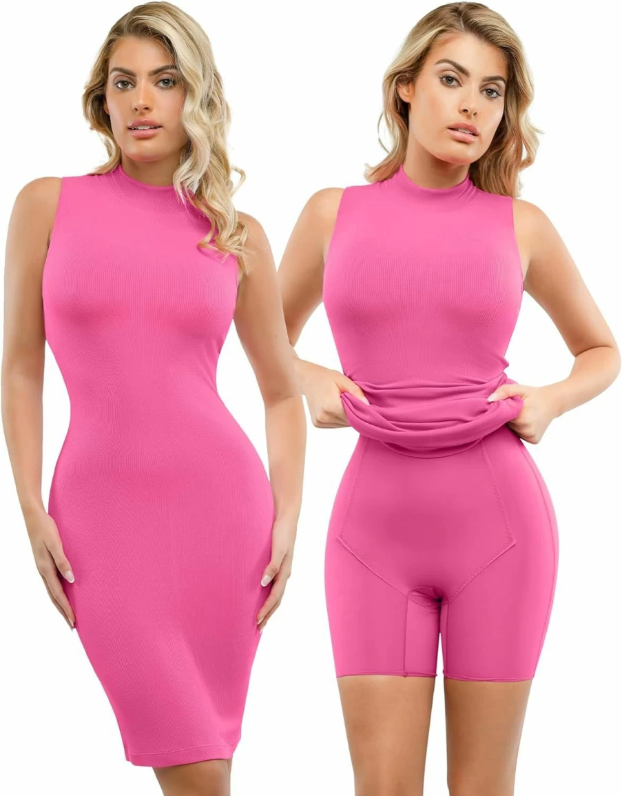 Popilush Women's 9-in-1 Shapewear Dress - Midi Bodycon with Built-In Bra, Mock Neck & Sleeveless Slip Design