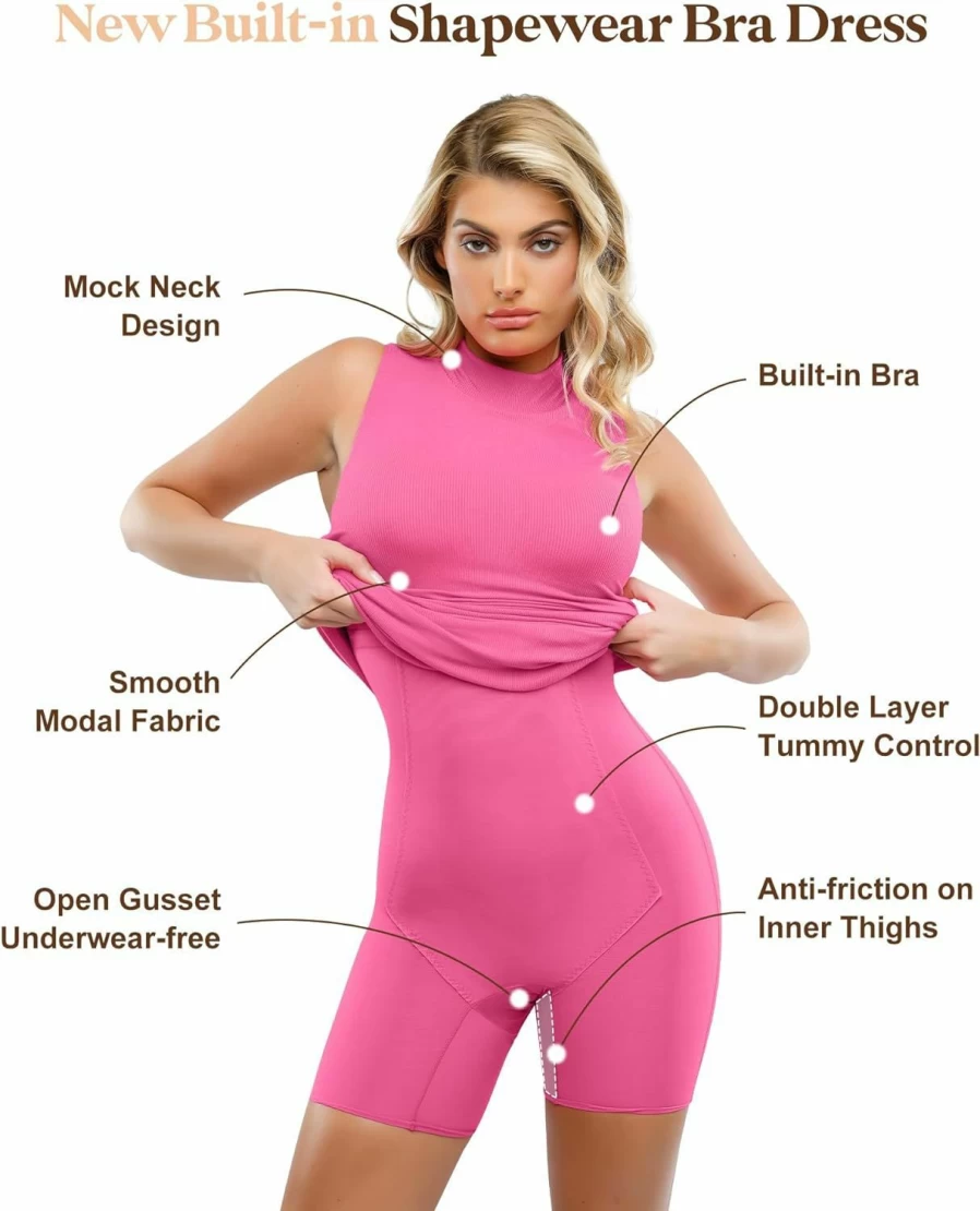 Popilush Women's 9-in-1 Shapewear Dress - Midi Bodycon with Built-In Bra, Mock Neck & Sleeveless Slip Design