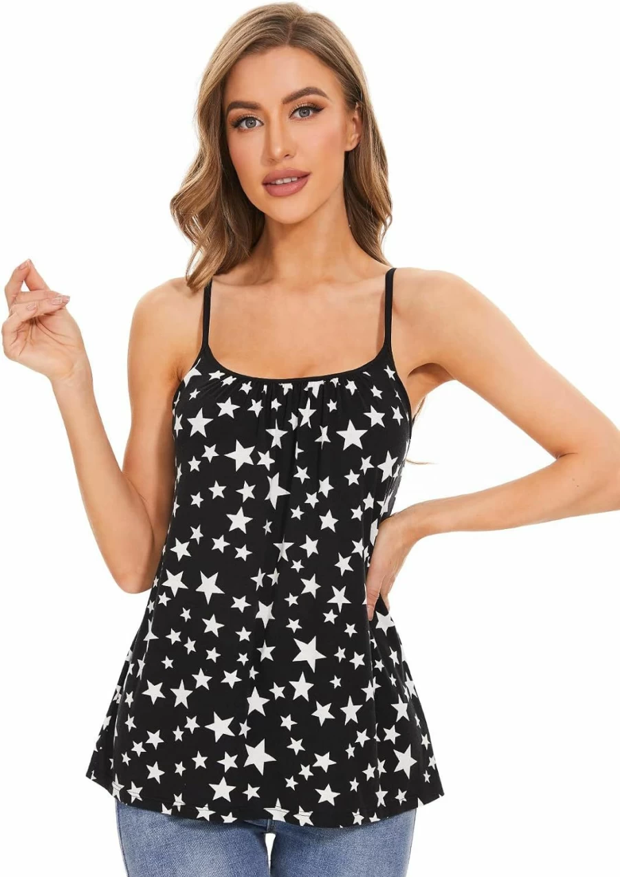 Air Curvey Women's Adjustable Spaghetti Strap Camisole Top with Built-In Bra - Flowy Pleated Loose Fit Tank in S-XXXXL Sizes