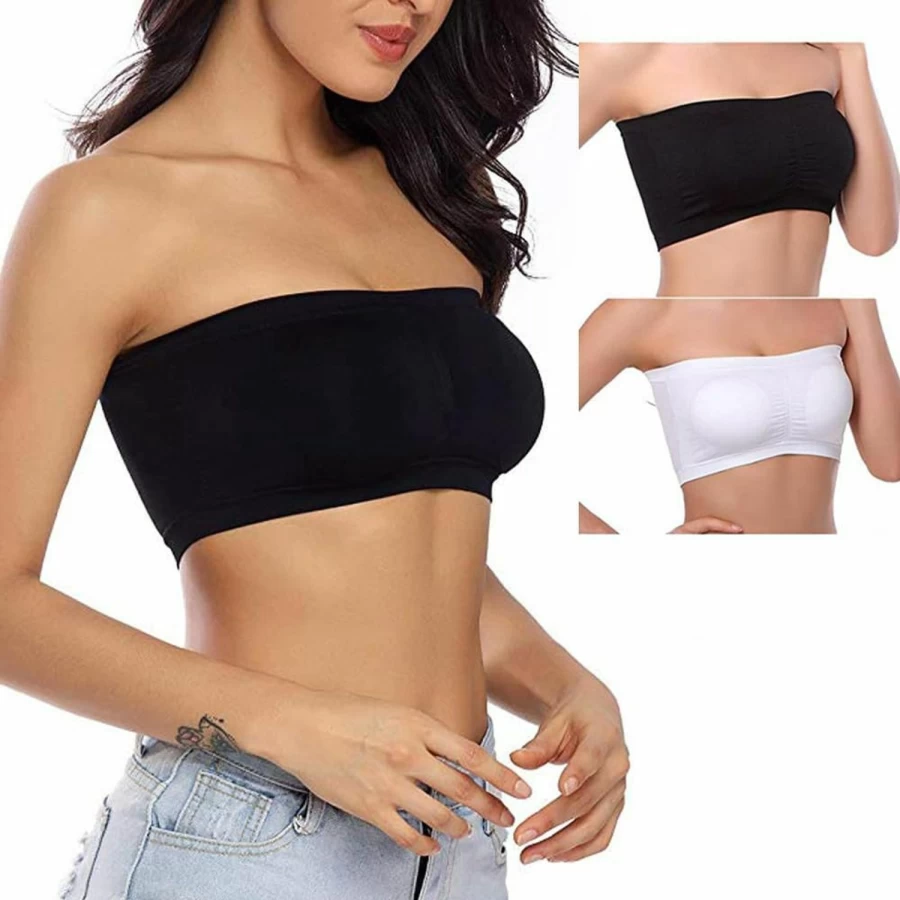 Feluog Women's 2/3 Piece Strapless Bandeau Bra Set - Seamless Padded Bralette & Tube Top for Comfort