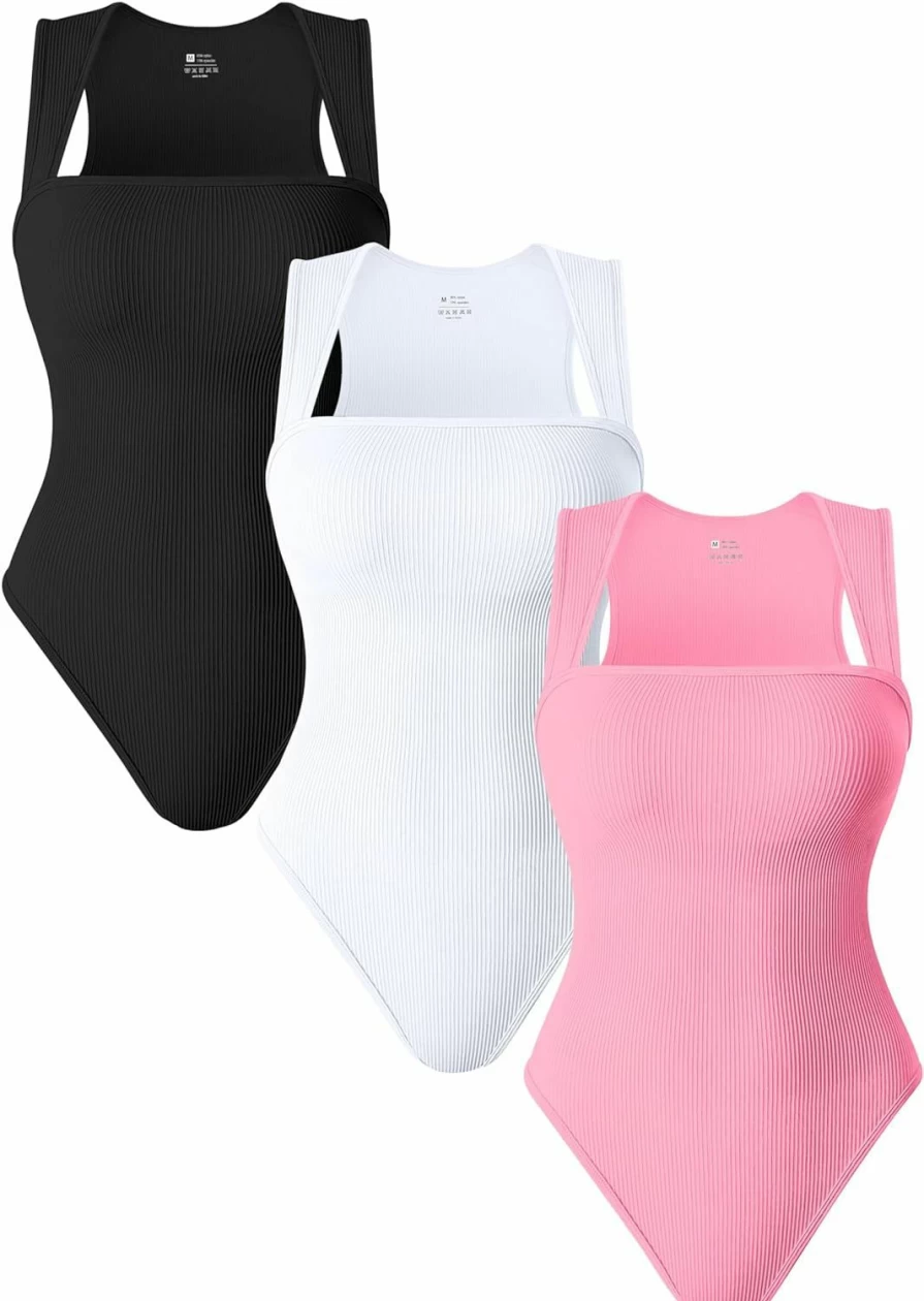 TOB Women's Sexy Ribbed Bodysuit - 3 Piece Strappy Square Neck Sleeveless Shapewear Set