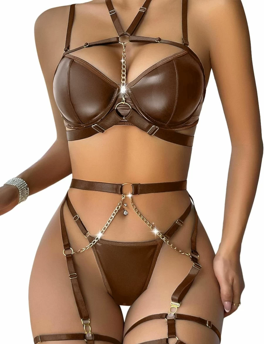 Lilosy Sensual Black PU Leather Lingerie Set with Underwire Bra and Strappy Garter Belt