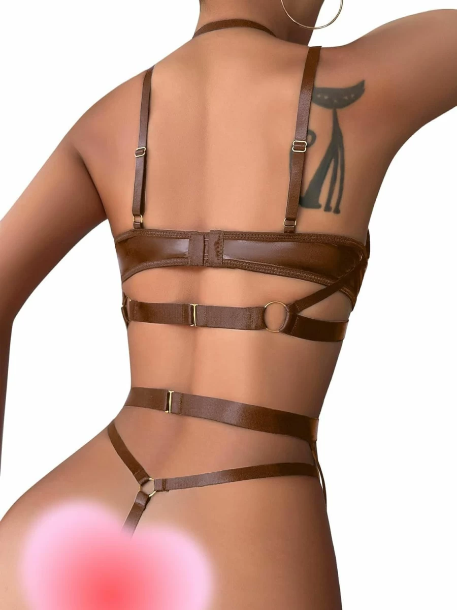 Lilosy Sensual Black PU Leather Lingerie Set with Underwire Bra and Strappy Garter Belt