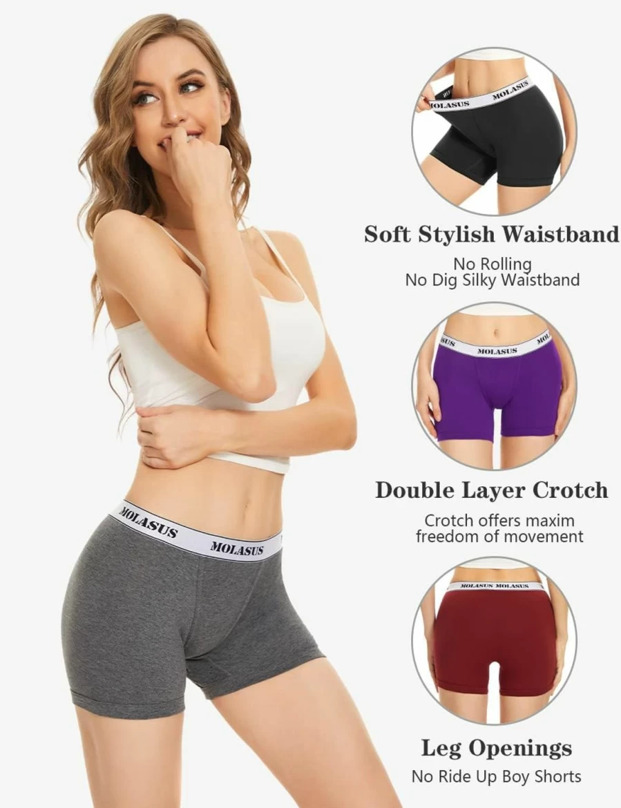 Molasus Women's Cotton Boxer Briefs 4-Pack - Breathable Boy Shorts Underwear for Regular & Plus Size