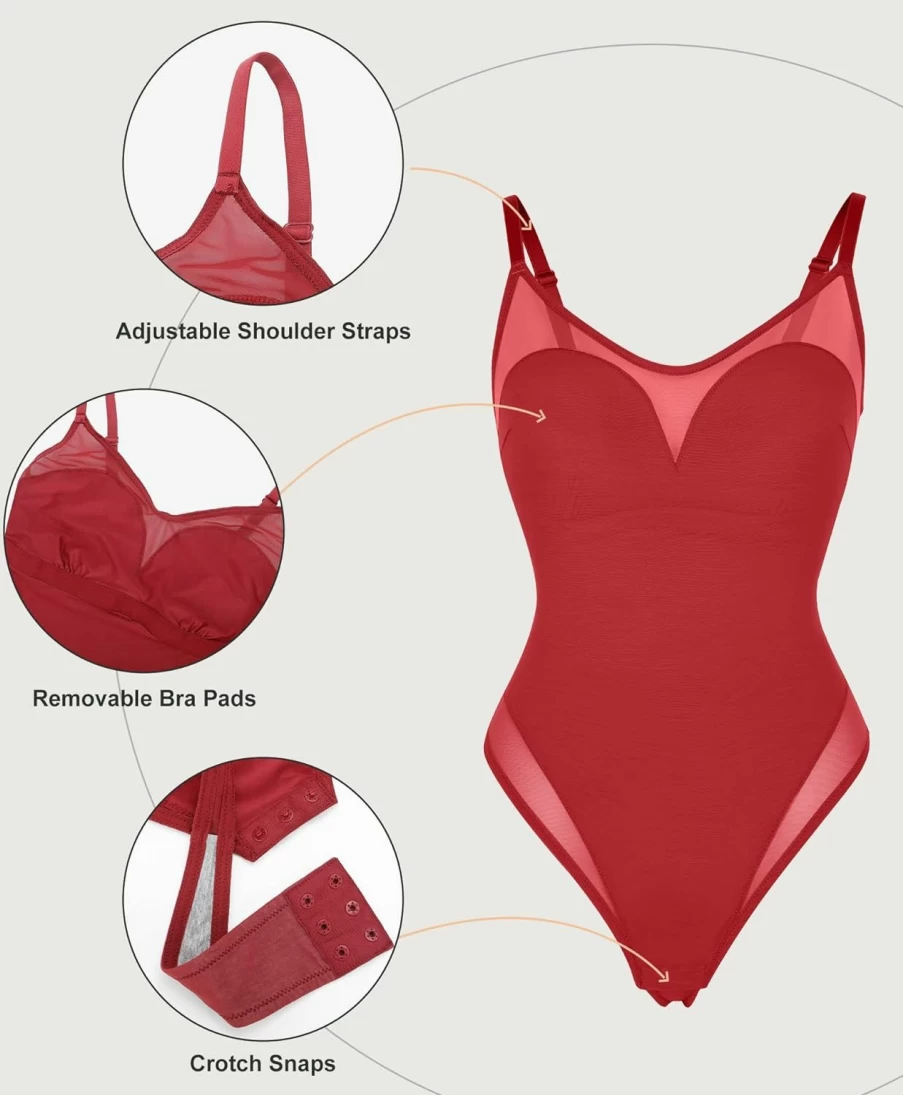 Popilush Tummy Control Mesh Bodysuit with Built-In Bra - 2024 Summer Shapewear Trending Top