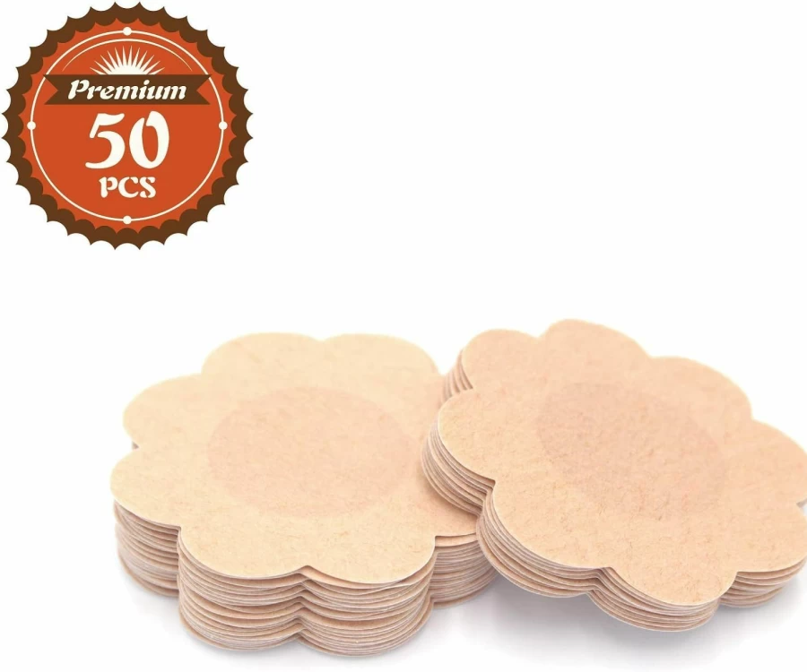 50 Pieces INVISIBLE Disposable Nipple Covers for Women, Self-Adhesive No Show Pasties, Beige Breast Petals, Reusable & Hypoallergenic