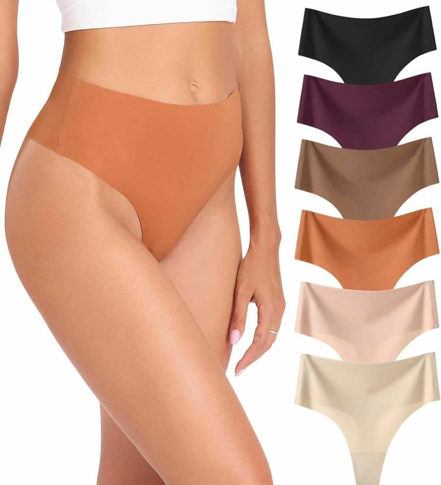 Wealurre Women's High Waisted Seamless Thongs - No Show Breathable Panties 6 Pack for Everyday Comfort