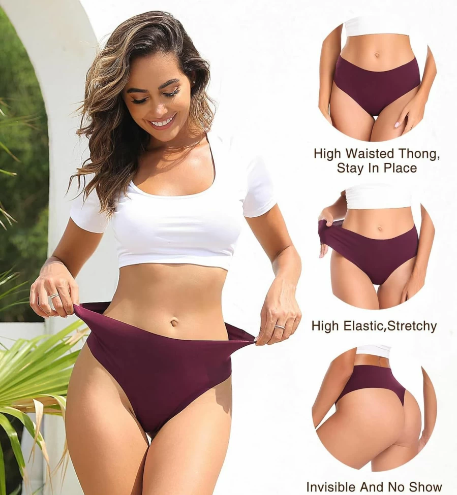 Wealurre Women's High Waisted Seamless Thongs - No Show Breathable Panties 6 Pack for Everyday Comfort
