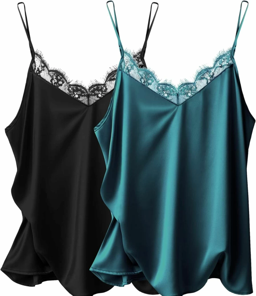 Ekouaer Women's 2-Pack Lace Trim Silk Cami Tops V-Neck Spaghetti Strap Camisoles for Women
