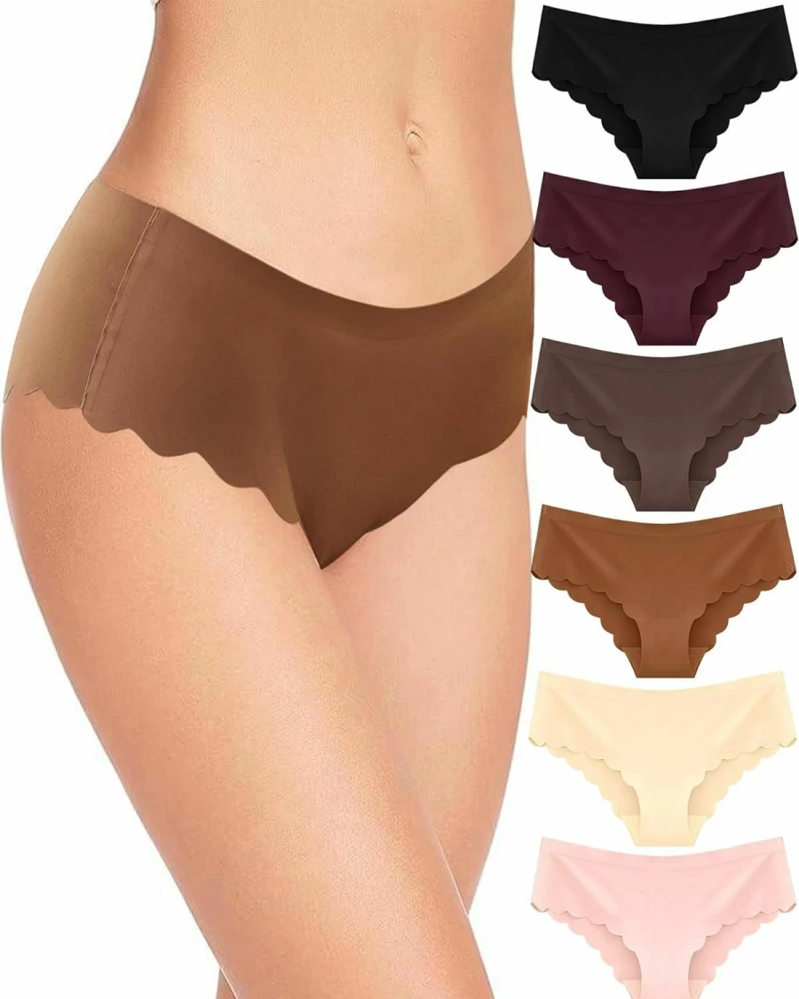 FINETOO Women's Seamless Underwear 6 Pack - Low Rise Hipster Bikini Panties with Wave Edge, No Show, Cheeky Cut, Sizes S-XL