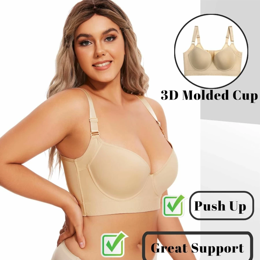 Linsgbpo Women's Push Up Bra Full Coverage Underwire Support Bra with Back Smoothing Design