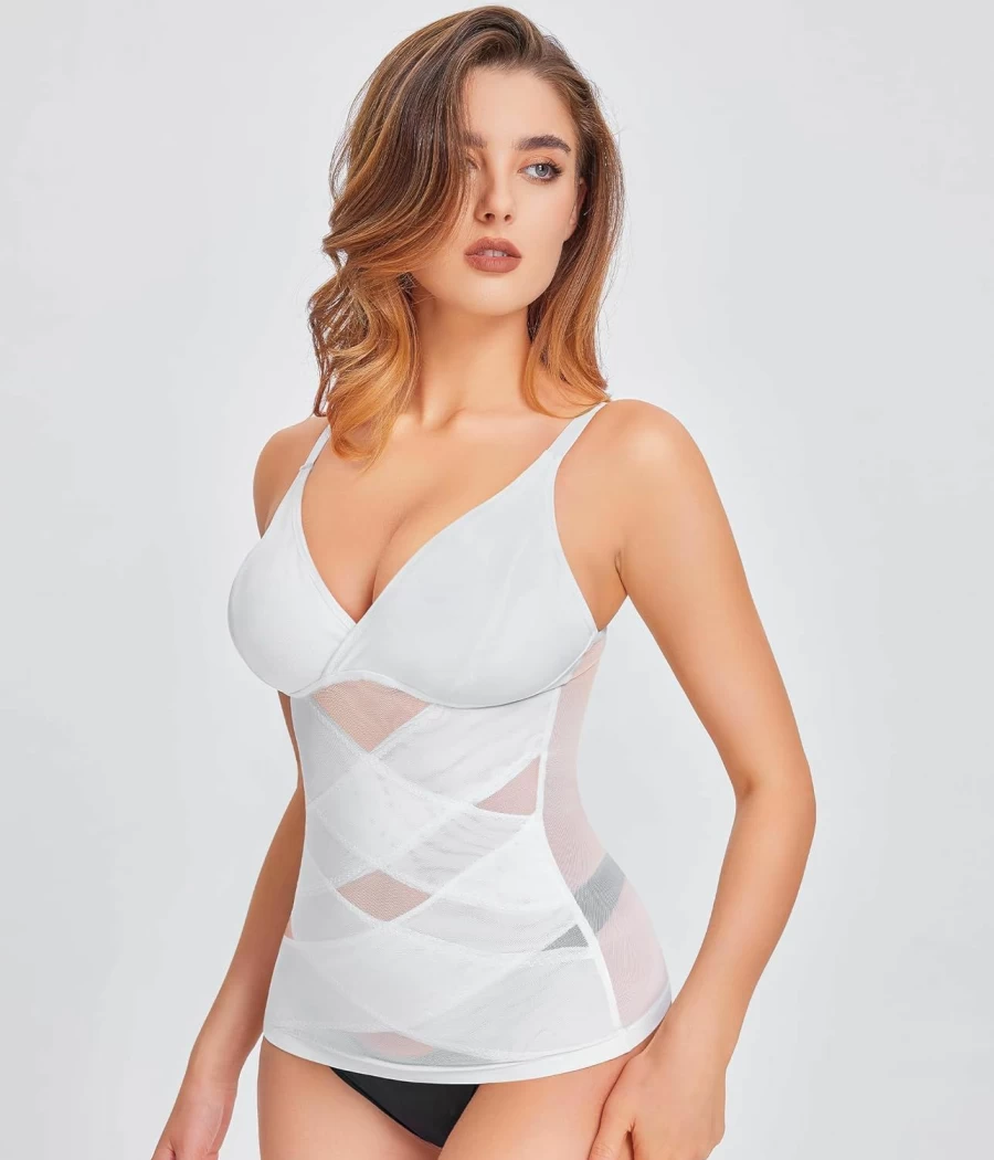 QACIVIQ Women's Tummy Control Shapewear - V-Neck Compression Cami Top with Built-In Bra for Body Shaping