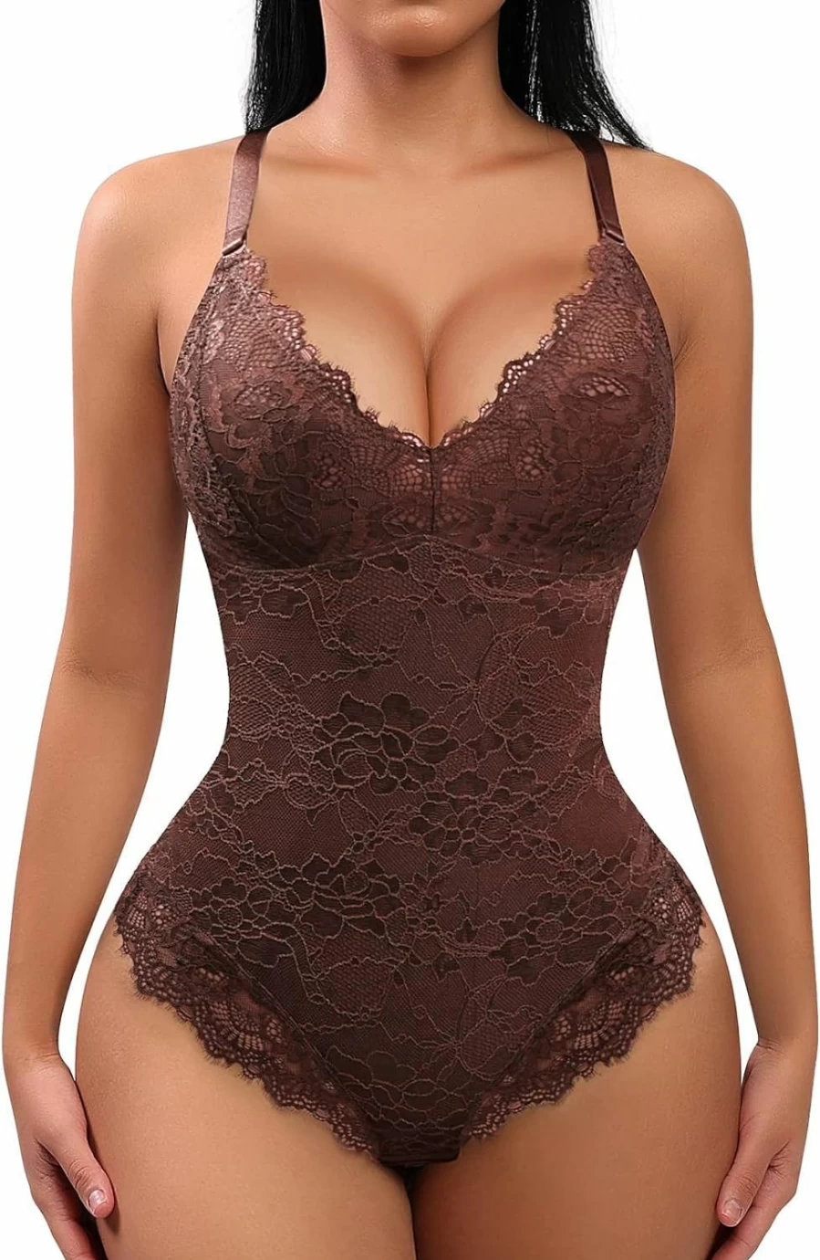 FeelinGirl Women's Lace Bodysuit - Tummy Control Shapewear, V-Neck Sleeveless Backless Camisole Jumpsuit for Slimming & Comfort