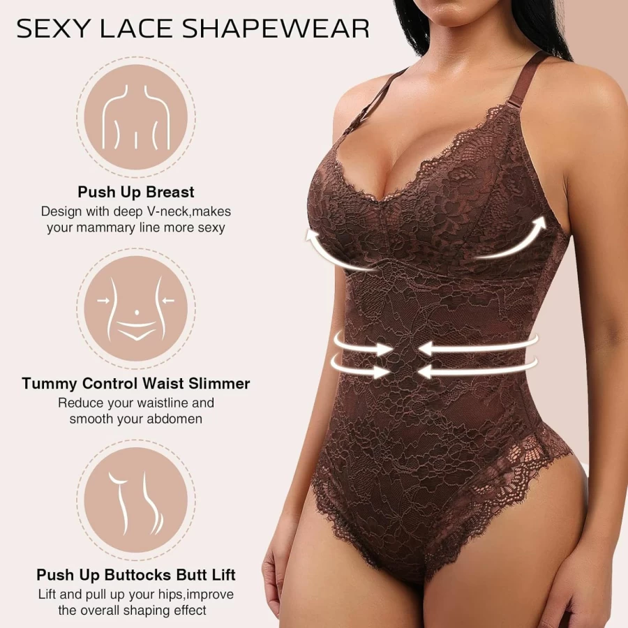 FeelinGirl Women's Lace Bodysuit - Tummy Control Shapewear, V-Neck Sleeveless Backless Camisole Jumpsuit for Slimming & Comfort