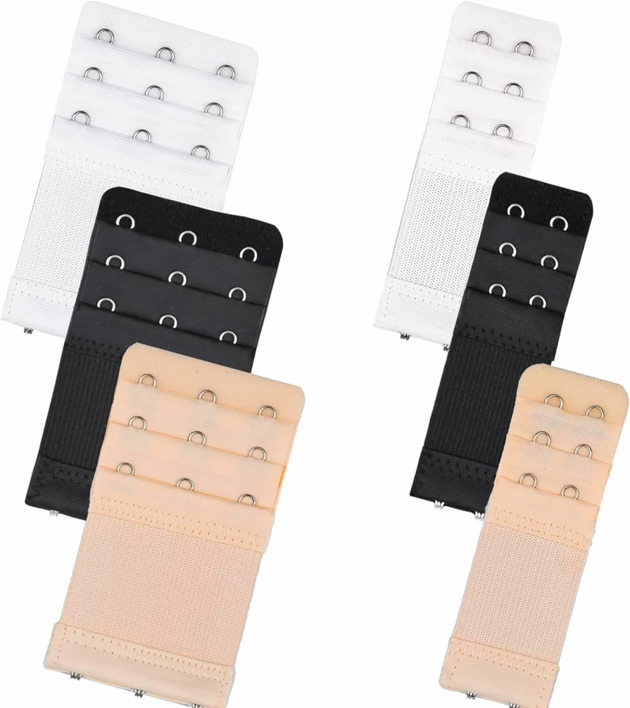 Tiousoni Women's Bra Extenders Set - 6 Pack with 2 Hook & 3 Hook Options - Comfortable Stretchy Extension Straps in Black, White, Nude