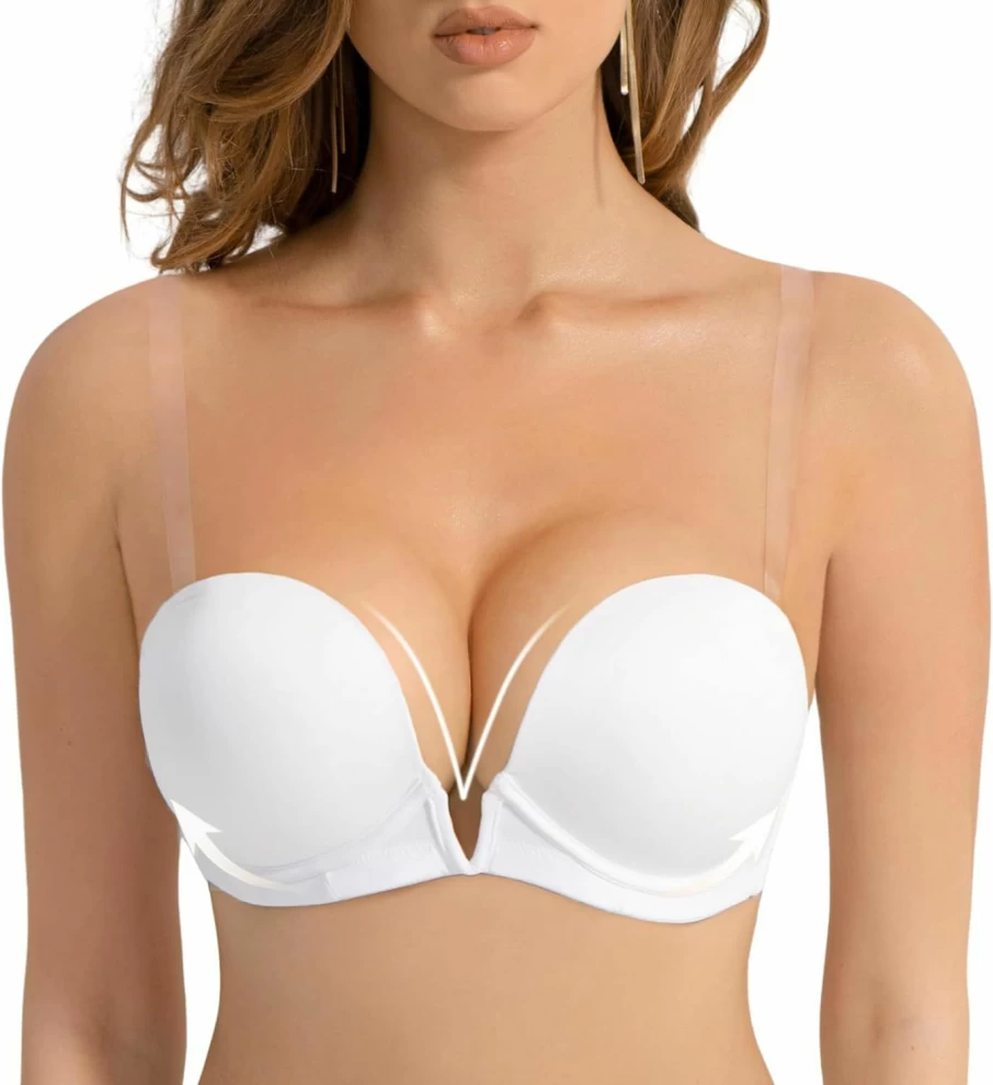 Amafuur Women's Push Up Bra with Clear Straps, Backless Convertible Deep V Plunge Underwire Lingerie