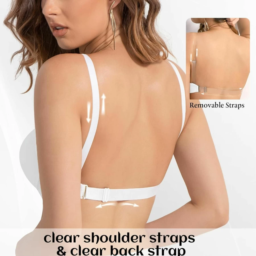 Amafuur Women's Push Up Bra with Clear Straps, Backless Convertible Deep V Plunge Underwire Lingerie