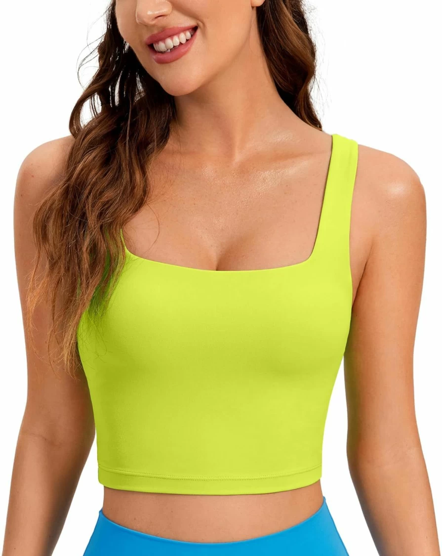 CRZ YOGA Women's Square Neck Longline Sports Bra - Padded Workout Crop Top with Built-In Shelf for Yoga & Gym