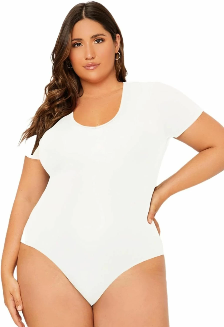SOLY HUX Women's Plus Size Scoop Neck Short Sleeve Bodysuit - Summer Basic Stretchy T-Shirt One Piece Tops