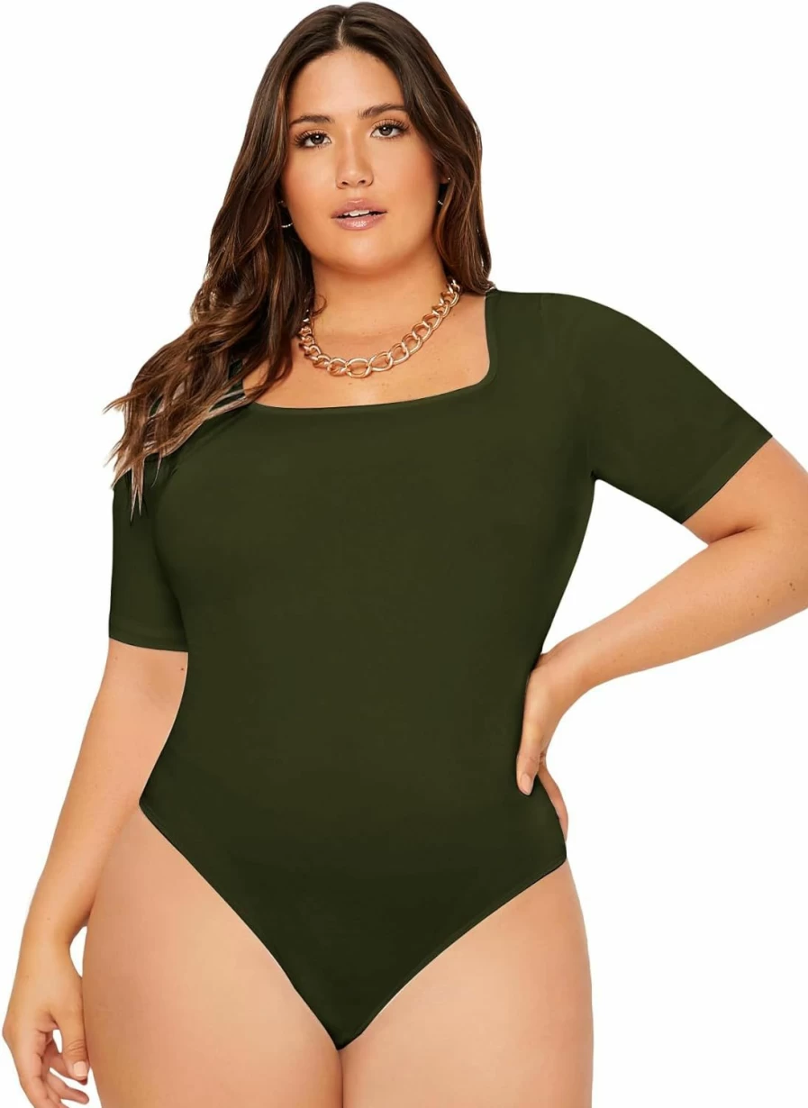 SOLY HUX Women's Plus Size Scoop Neck Short Sleeve Bodysuit - Summer Basic Stretchy T-Shirt One Piece Tops