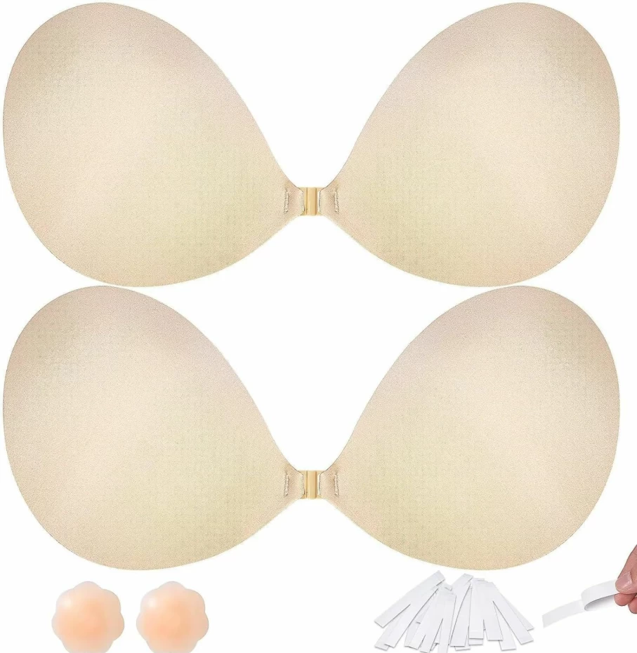 APOWUS Adhesive Sticky Bra Push Up for Women - 2 Pair Invisible Backless Strapless Bra with Nipple Covers, Nude