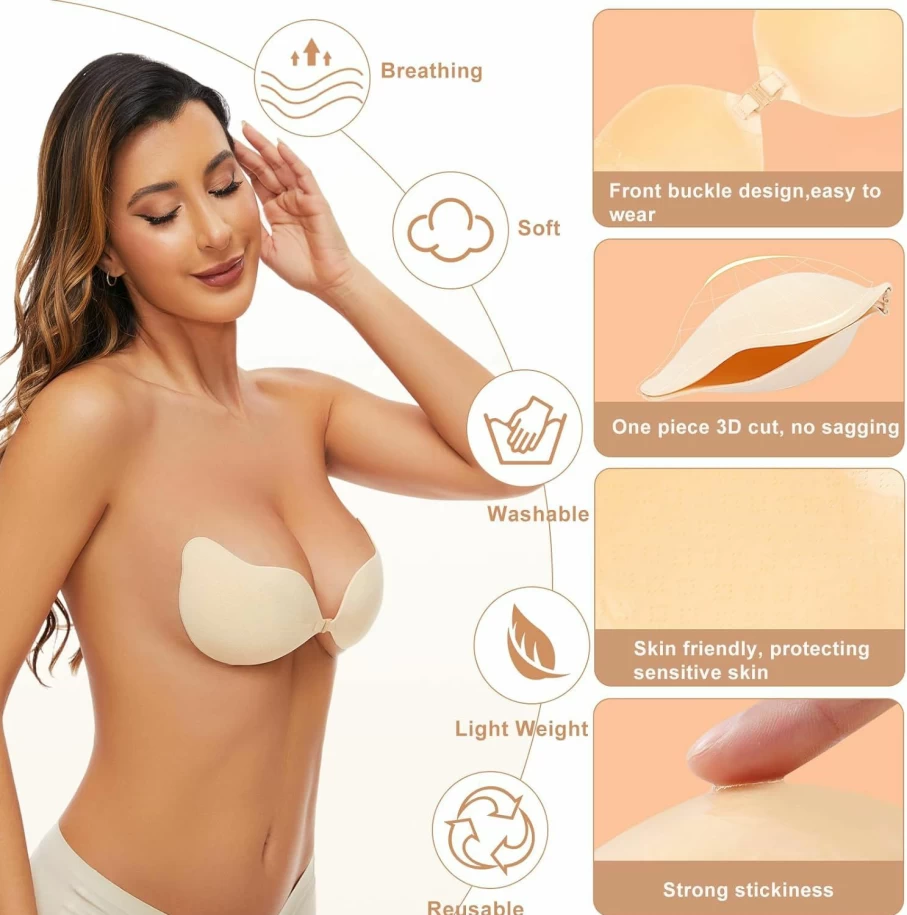 HILRITORI Invisible Silicone Adhesive Bra for Women - Strapless Sticky Push Up Bra for Comfort & Lift