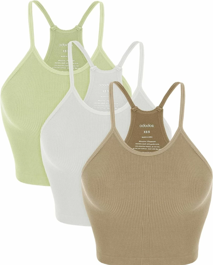ODODOS Women's 3-Pack Seamless Rib-Knit Crop Tank Tops - Soft Washed Camisoles