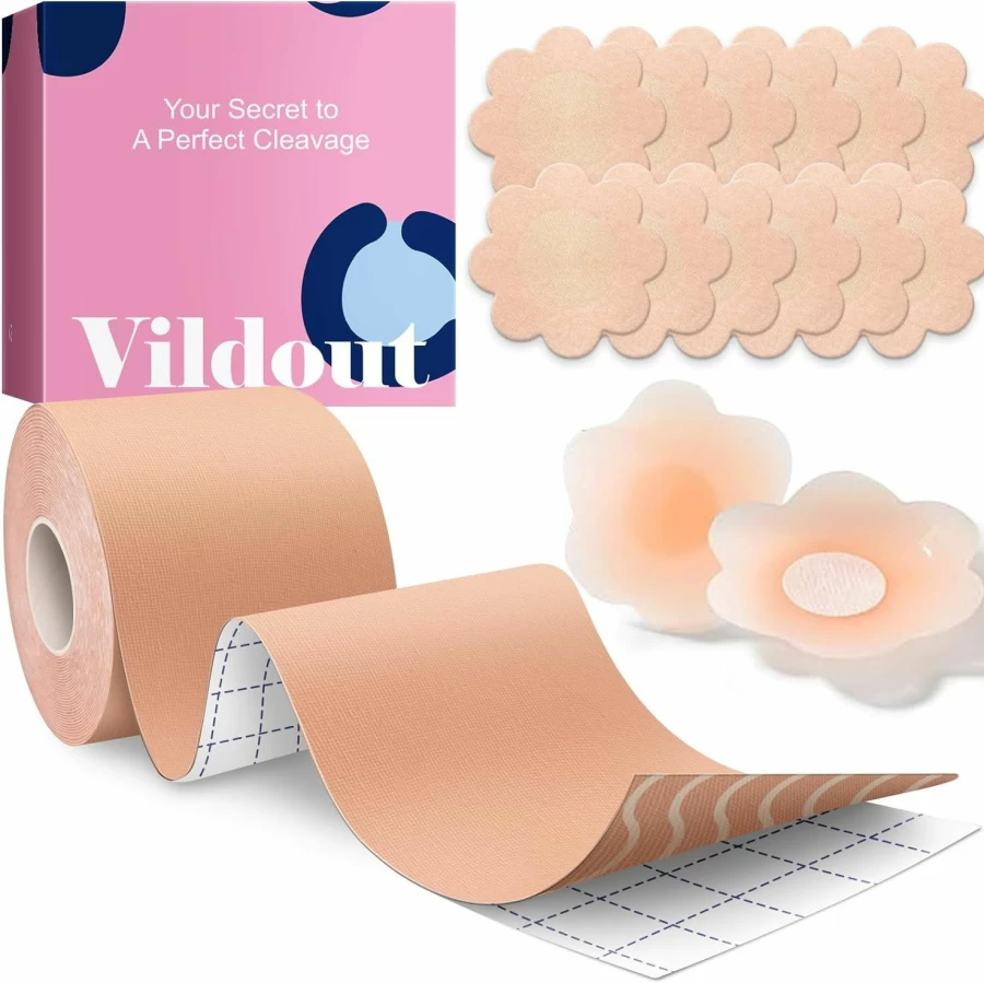 Vildout Breast Lift Tape Kit with Nipple Covers - Breathable Adhesive Bra Tape for Push Up & Support, Safe for Large Breasts A-G Cup, Beige Boob Tape for Invisible Hold