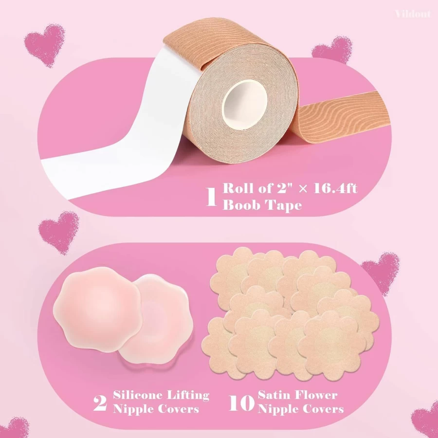 Vildout Breast Lift Tape Kit with Nipple Covers - Breathable Adhesive Bra Tape for Push Up & Support, Safe for Large Breasts A-G Cup, Beige Boob Tape for Invisible Hold