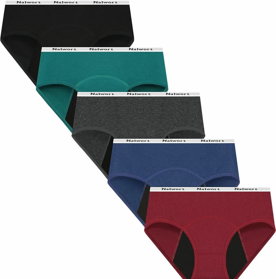Nalwort Women's Cotton Menstrual Period Underwear - Postpartum & Heavy Flow Leakproof Panties - 5 Pack Soft Breathable Briefs