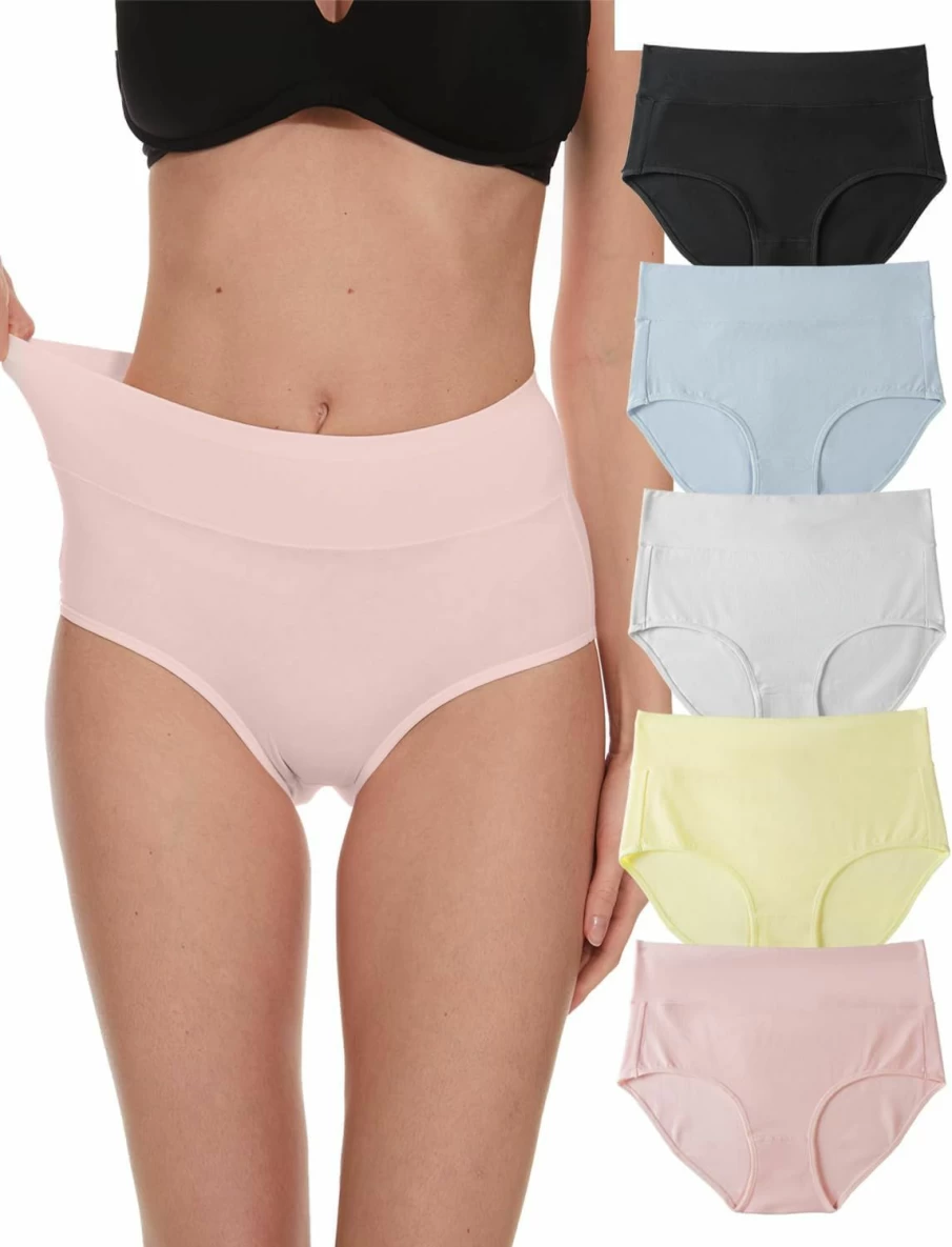 COSOMALL Women's High Waisted Cotton Underwear 5-Pack - Soft Full Briefs Panties for Ladies
