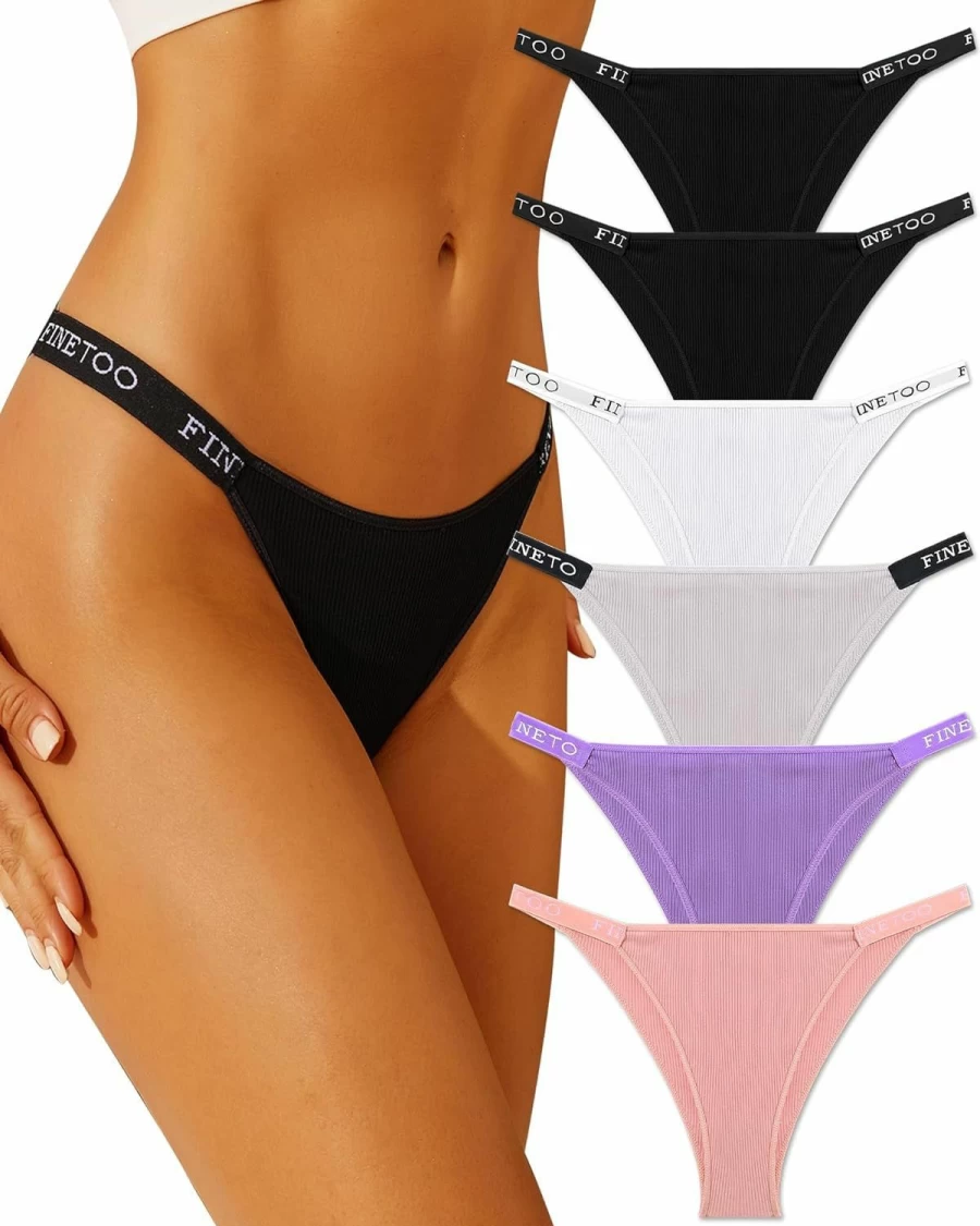 FINETOO Women's Cotton High Cut Bikini Panties 6-Pack - Low Rise Hipster Cheeky Underwear for Ladies