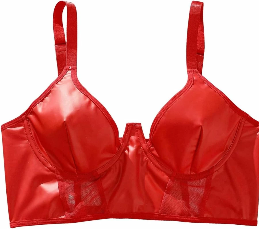 SHENHE Women's Sexy Underwire Longline Bra with Lace Mesh and Hollow Out Design - Push Up PU Leather Bustier for Evening Wear