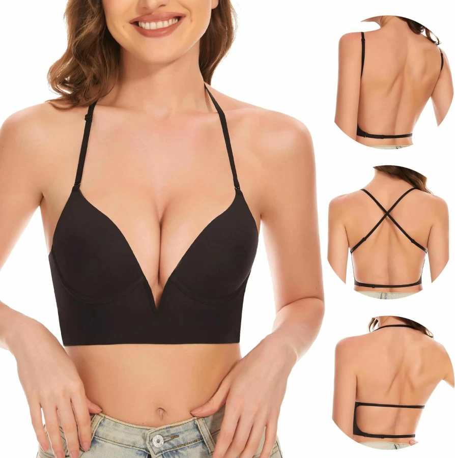 CHERRYSKY Women's Low Back Bra - Seamless Backless, Lightly Lined Multiway Deep V Halter Bra, No Show Invisible Underwear for Low Cut Tops