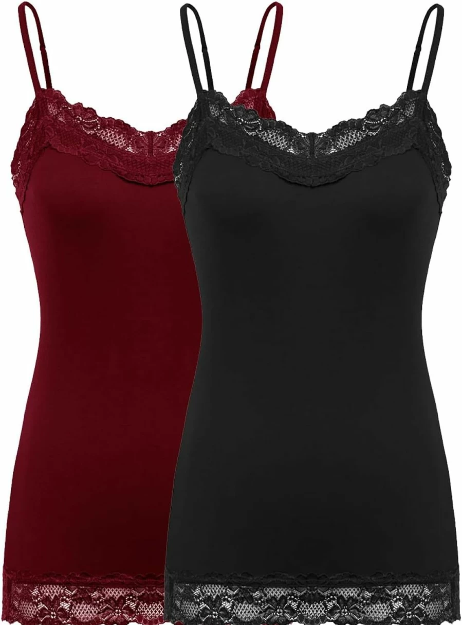 Kate Kasin Women's Adjustable Spaghetti Strap Cami Top with Lace Trim - Flowy Tunic Tank for Women
