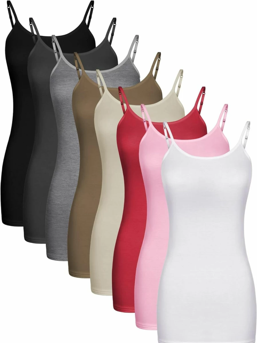 Geyoga Women's 8 Pack Long Tank Tops - Adjustable Spaghetti Strap Camisoles for Workout & Layering