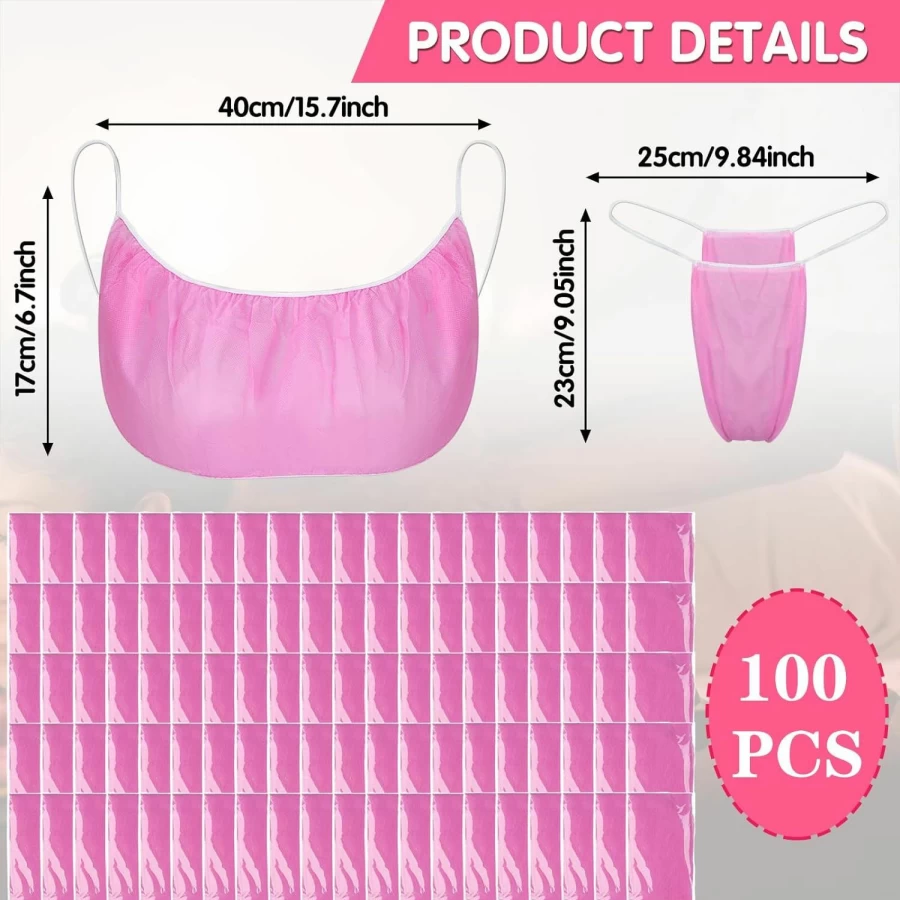 100Pcs Ujuuu Disposable Underwear for Women - Bikini, T-Thong & Bra Set for Spa, Massage, Spray Tanning (Pink)